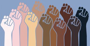 Raised fists of diverse skin tones symbolizing unity and resistance.