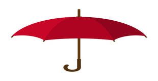 A simple red umbrella with a curved wooden handle.