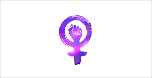 Purple feminist symbol with a raised fist inside the female gender sign.