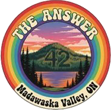 Colorful rainbow logo with 'The Answer 42' and scenic mountain landscape.