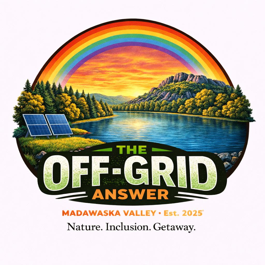 Logo for The Off-Grid Answer, featuring a lake, rainbow, and solar panels.